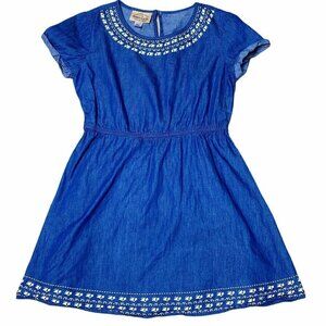 Roebuck & Co Dress Girls Size 14 Blue Chambray White Floral Print